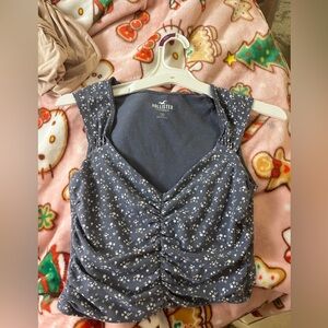 Hollister Navy and White Floral Cropped V Neck Ruched Tank Top